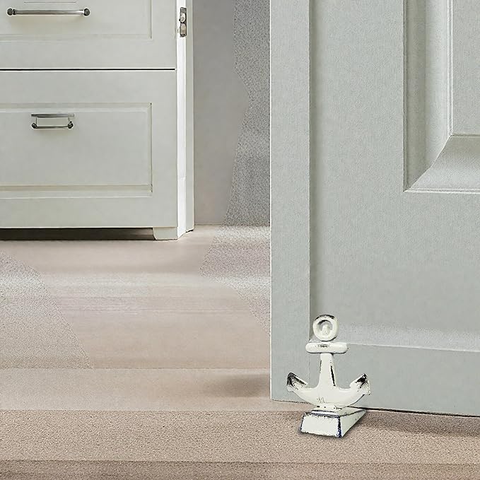 2 PCS Door Stoppers for Bottom of Door Cast Iron Decorative Door Stop Wedge Metal Doorstops (Nautical Anchor Shape, Antique White)