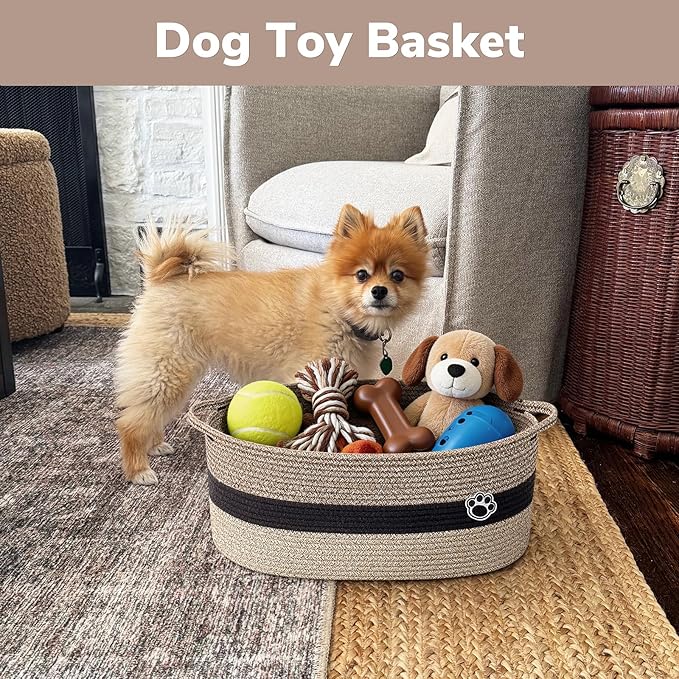 Large Dog Toy Basket, 19.7" X 11" X 7.9" Pet Toy Box Woven Rope Basket for Cat Toys, Baby Gift Basket for Living Room Nursery, Brown Mix