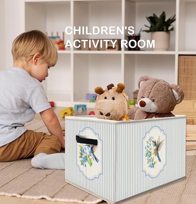 FDHSPAAM Blue Floral Hummingbird Storage Bins Box with Handles, Cottagecore Wildflower Bird Collapsible Fabric Storage Basket Box Organizer for Bedroom Bathroom Clothes Toys Books