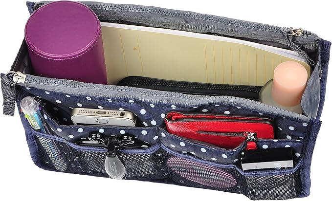 Vercord Purse Organizer Insert for Handbags Bag Organizers Inside Tote Pocketbook Women Nurse Nylon 13 Pockets Navy Blue Dot Small