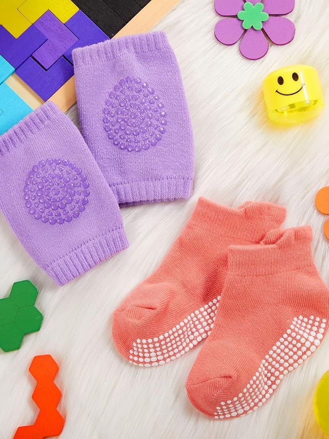 10 Pairs Baby Crawling Anti Slip Knee Pads and Anti Slip Baby Socks Set Unisex Toddler Knee Protectors Non Slip Ankle Socks