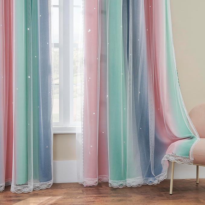 XiDi Grey Curtains for Kids Room, Nursery Blackout Curtain, Girls Room Decor Pink & Green Curtains, 84x34 in, 1 Panel