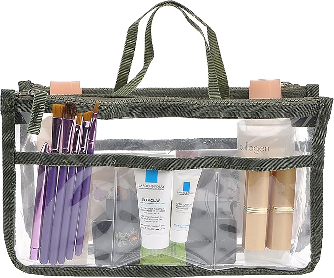 Vercord Translucent Purse Handbag Tote Pocketbook Bag Organizer Insert with Zipper Handle for Women Medium Army Green