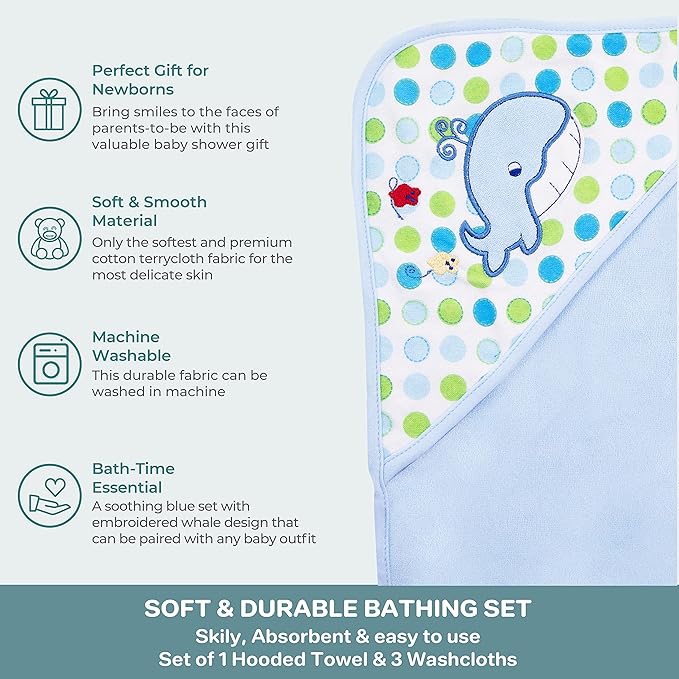 Spasilk Baby Bath Hooded Terry Towel with 3 Washcloths, Baby Bath Essentials, One Size, Blue Whale (Pack of 3)