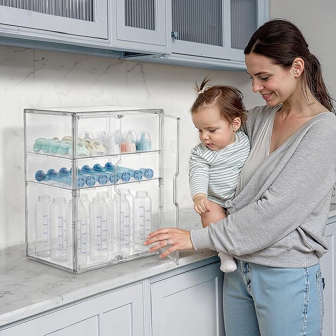 HBlife Baby Bottle Storage Organizer for Countertop Cabinet, 3 Tiers Adjustable Clear Acrylic Bottles Storage Station Case Box Container with 2 Removable Dividers and Magnetic Double Door, X-Large