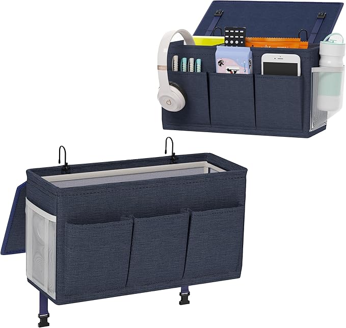 Edudif Dual-purpose Bedside Caddy Bedside Organizer, Bed Caddy with 6 Pockets, Versatile Bedside Storage Solution Magazine Remotes holder, ideal for Home, Dorm, Hospital, Crib Bed (Navy 2pcs)