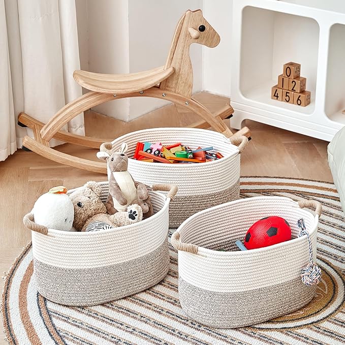 R RUNKA Storage Baskets for Organizing | 15"x10.2"x9.1" - 1 Pack Nursery Bin with Handles - Woven Cotton Rope Baskets for Dog Toys, Books, Shelf, Bathroom,Closet -Stylish Storage | White & Beige