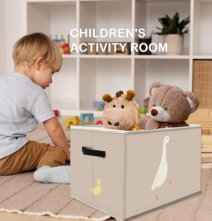 FDHSPAAM Cute Duck Nursery Storage Bins Box with Handles, Rustic Beige Farm Animal Collapsible Fabric Storage Basket Box Organizer for Bedroom Bathroom Clothes Toys Books