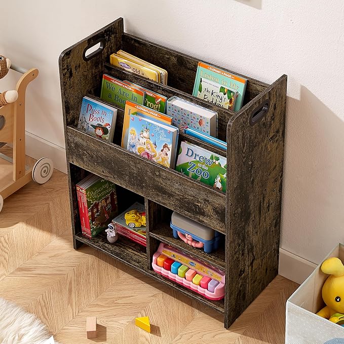 VECELO Kids Bookshelf with Toy Storage - Wooden Nursery Organizer for Books & Toys, Easy Assembly Playroom Shelf (Brown)