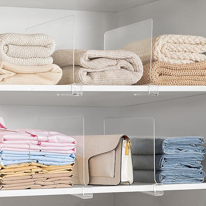 HBlife 4 Pack Closet Organizers and Storage, Clear Shelf Dividers, Vertical Purse Organizer for Closet Perfect for Sweater, Shirts, Handbags in Bedroom and Kitchen, Acrylic Bookshelf for Organization