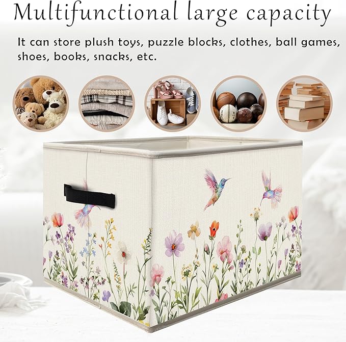 FDHSPAAM Rustic Wildflower Hummingbird Storage Bins Box with Handles, Cottagecore Botanical Floral Bird Collapsible Fabric Storage Basket Box Organizer for Bedroom Bathroom Clothes Toys Books