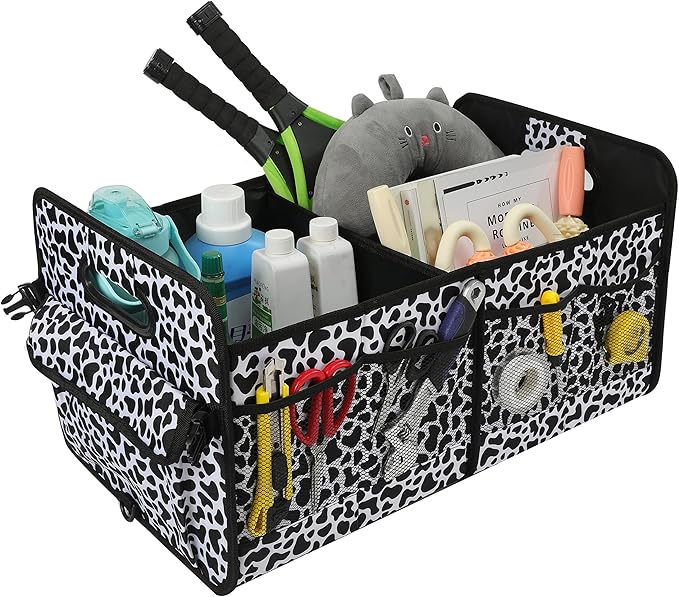 Car Trunk Organizer Car Storage Organizer Collapsible Multi Compartment Car Organizer Adjustable Straps Car Organizer for SUV(Cow)