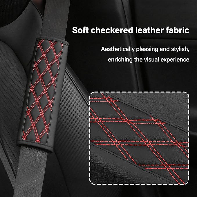 2PCS Car Seat Belt Cover Pads,Leather Seatbelt Covers Protect Shoulder and Neck Car Accessories Interior,Universal Car Seat Strap Pads Car Decorations for Most Cars Trucks (Black/Red)