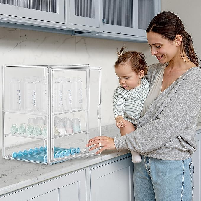 HBlife Baby Bottle Storage Organizer for Countertop Cabinet, 3 Tiers Adjustable Clear Acrylic Bottles Storage Station Case Box Container with 2 Removable Dividers and Magnetic Door, X-Large