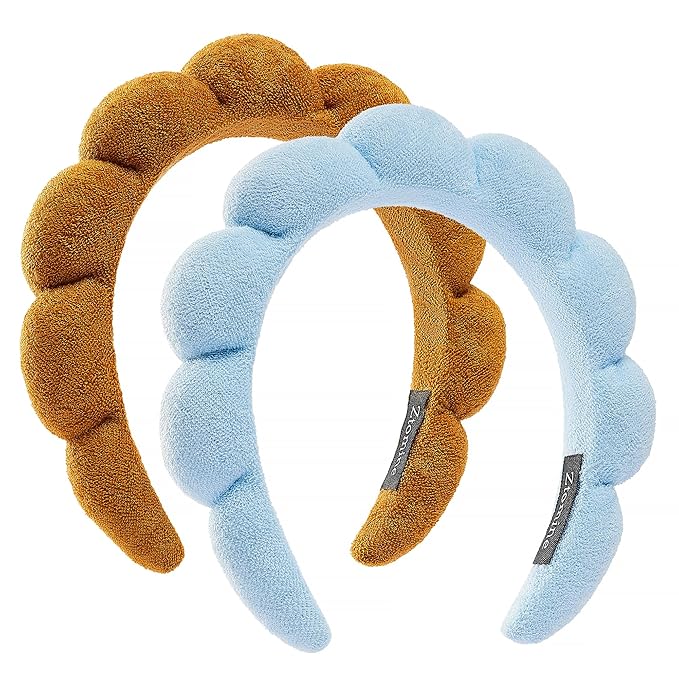 Spa Terry Cloth Facial Headbands, Set of 2 Skincare Combo Pack - Puffy Makeup Headbands for Face Washing and Masks (Blue + Dark Khaki)
