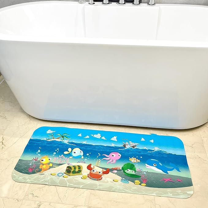ShineCozy Cartoon Kids Bath Mat - Non Slip Bathtub Mat 35x16 Inch XL Large Size Tub Mats Anti Slip Shower Mats for Bathroom Floor (Ships) (Ships)