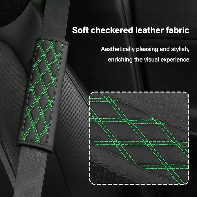 2PCS Car Seat Belt Cover Pads,Leather Seatbelt Covers Protect Shoulder and Neck Car Accessories Interior,Universal Car Seat Strap Pads Car Decorations for Most Cars Trucks (Black/Green)
