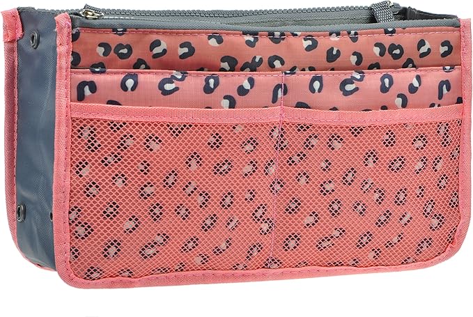 Vercord Purse Organizer Insert for Handbags Bag Organizers Inside Tote Pocketbook Women Nurse Nylon 13 Pockets Pink Leopard Small