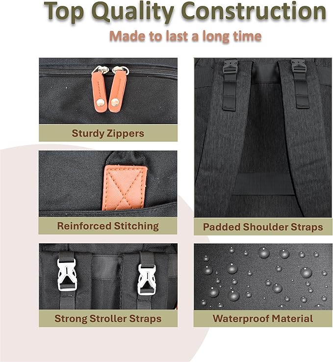 Rojnaz Baby Diaper Bag Backpack - Large Sturdy Bag for Boys & Girls, Changing Pad & Pacifier Case, Large Capacity, Insulated Pockets, Waterproof, Stroller Straps & Carry-on Straps, Unisex - Black
