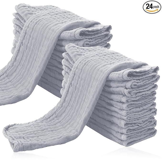 Cute Castle 24 Pack Muslin Burp Cloths for Baby - Ultra-Soft 100% Cotton Baby Washcloths - Large 20'' by 10'' Super Absorbent Milk Spit Up Rags - Burpy Cloths for Unisex, Boy, Girl -Slate