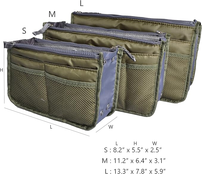 Vercord Purse Organizer Insert for Handbags Bag Organizers Inside Tote Pocketbook Women Nurse Nylon 13 Pockets Army Green Small