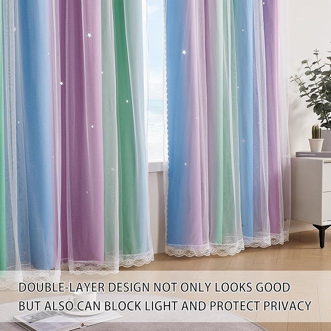 XiDi Green Purple Blue Curtains for Girls Bedroom Decor Kids Blackout Curtains for Nursery Room Darkening Rainbow Princess Unicorn Wall Decals Little Girl 52x54 Inches Long 2 Panels Set