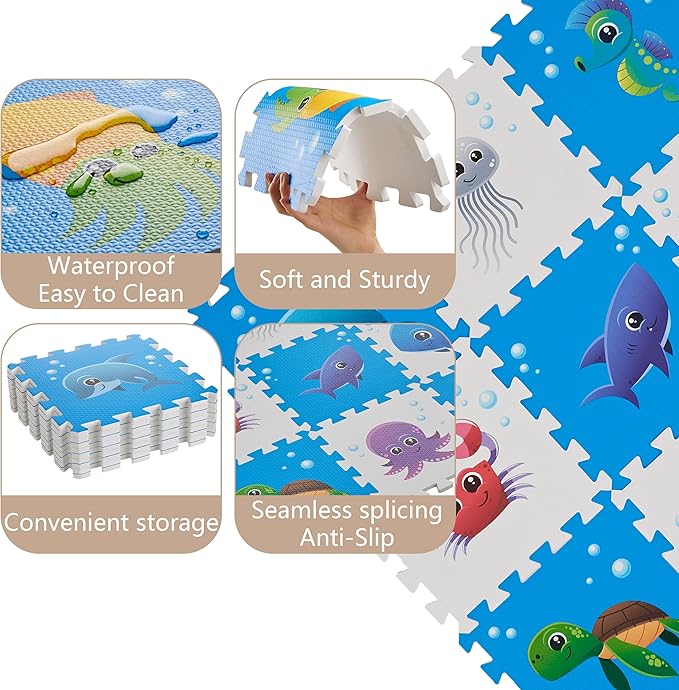 PLAY 10 Puzzle Play Mat, Foam Floor Tiles, Children’s Foam Puzzle Mat Baby Floor Play Mat 34×34 Inches Sea World 9 Pieces