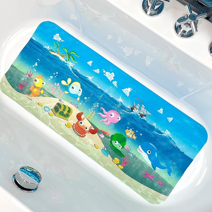 ShineCozy Cartoon Kids Bath Mat - Non Slip Bathtub Mat 35x16 Inch XL Large Size Tub Mats Anti Slip Shower Mats for Bathroom Floor (Ships) (Ships)