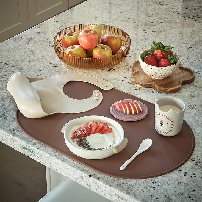 LINE+ARC Waterproof, Stain-Resistant, Heat-Safe Silicone Degrē Placemats (20.5x13, Set of 2 Dune) 3mm-High Rim Adults Babies Easy-to-Clean Washable Oval Modern Non-Slip Dining Table Mats