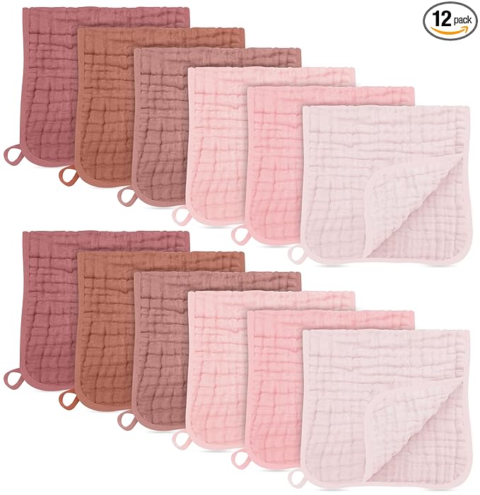 SWEET DOLPHIN 12 Pack Muslin Burp Cloths Large 100% Cotton Burping Clothes for Baby Drool - Absorbent and Soft Boys & Girls Milk Spit Up Rags for Newborn Essentials Registry - Dewy Petal