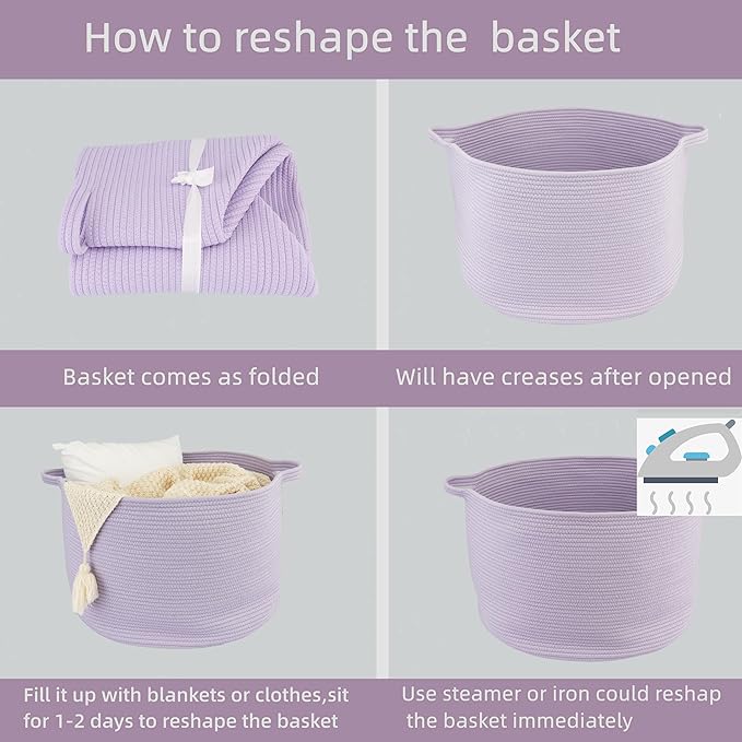 XUANGUO Large Cotton Rope Basket Blankets Basket Living Room 22"x14" Toy Basket for Kids Rope Storage Basket for Nursery Woven Laundry Basket for Clothes Baby Toy Storage round purple or Lavendor
