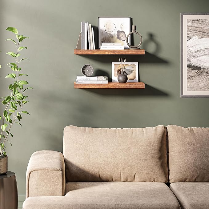 Ballucci Floating Shelves, 24" Wood Wall Shelf Set of 2, with Invisible Brackets for Bathroom, Living Room, Bedroom, Kitchen, Nursery, 6" Deep, Rustic Brown