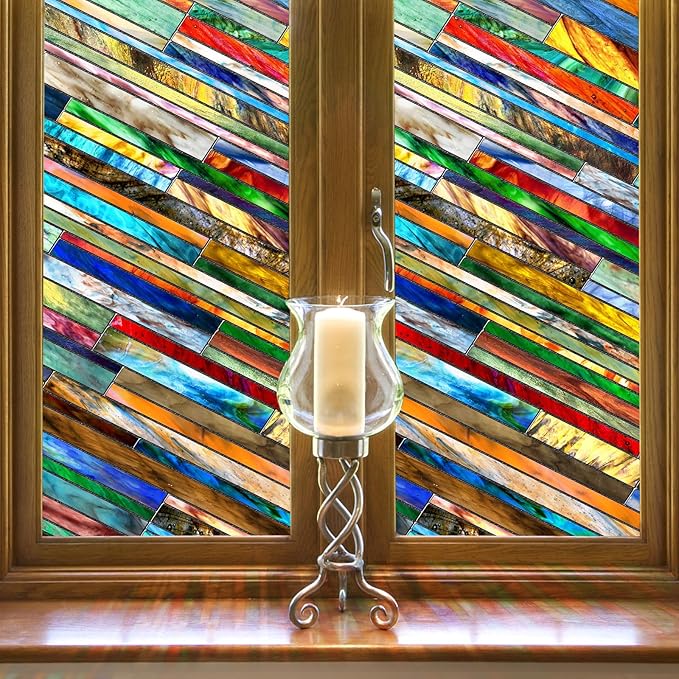 SUNBABY Stained Glass Window Privacy Film: 3D Decorative Christmas Static Clings, Vintage Windows Decals Day and Night Privacy, Home Bathroom Door Window Coverings for Winter,23.6 x 35.4 Inch