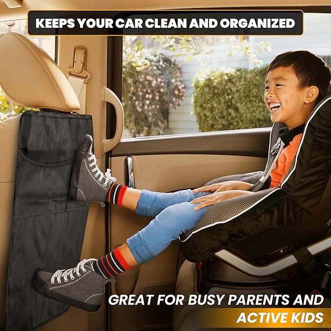 EcoNour 2 Pack Back Seat Protector for Kids Feet | Premium Waterproof Kick Mats with 2 Pocket Organizer | Backseat Cover for Vehicles to Protect from Dirt, Mud & Scratches | Travel Accessories