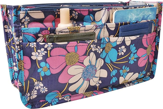 Vercord Patterned Purse Handbag Tote Pocketbook Bag Organizer Insert with Zipper Handle for Women Medium Flowers