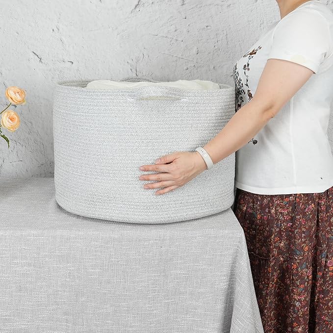 XUANGUO Large Cotton Rope Basket – 22"x14" Woven Storage Baskets for Blankets, Toys, Laundry, and Nursery – Round Basket for Living Room, Kids, and Pets Grey