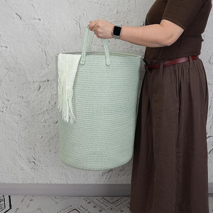 Cotton Rope Laundry Basket Hamper for Clothes Woven Storage Basket for Living Room Bedroom Boho Tall Rope Baskets for Blanket Toys Pillow Towels Baby Nursery Hamper Bin green Large