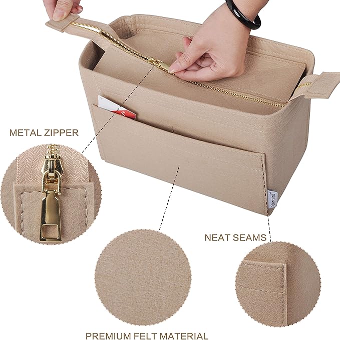 Vercord Felt Zipper Handbag Tote Purse Duffel Backpack Organizer Insert Beige Large