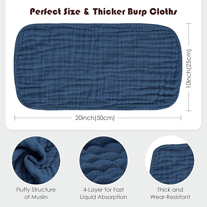 Spotted Play Muslin Burp Cloths 100% Cotton Large 20''x10'' Extra Soft and Absorbent Baby Wash Cloths Spit Up Rags - Baby Burping Cloth for Boys Girls Items(12 Pack Navy Blue)