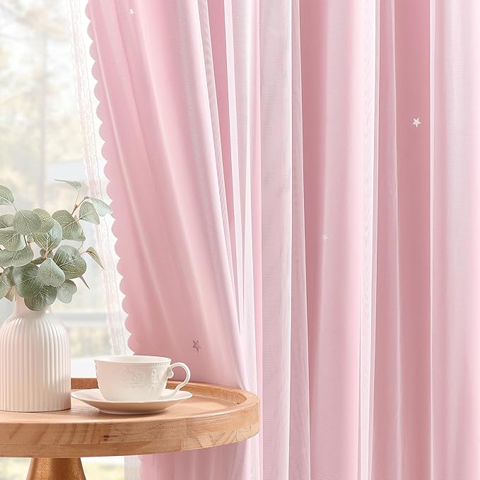 XiDi Pink Short Blackout Curtains for Bedroom 54 Inches Long 2 Panels Set, Hollw Star Design, Thermal Insulated Energy Saving Window Treatment Curtains Blackout Drapes, W34 x L54 Inch, Blush Pink