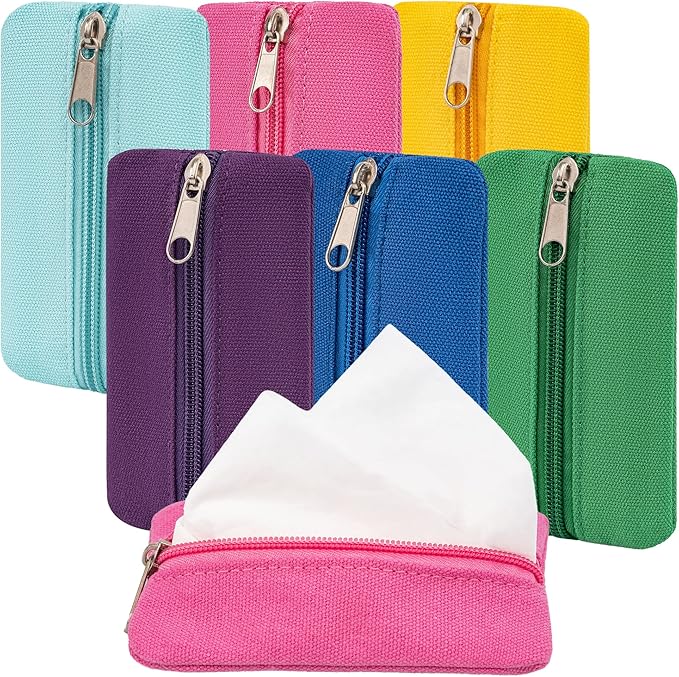 Pocket Tissue Holder, 6 Packs Tissue Holder for Purse, Reusable Travel Tissue Pouch, Fabric Purse Zipper Enclosed Tissue Packs for Coins Tissue Cards Car Travel Office Home, 5.1 x 3.1 Inches
