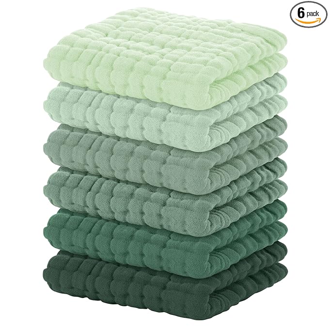 Yoofoss Muslin Baby Washcloths 100% Organic Cotton Face Towels 6 Pack Wash Cloths for Baby 12x12in Soft and Absorbent Baby Wipes (Gradient Green)