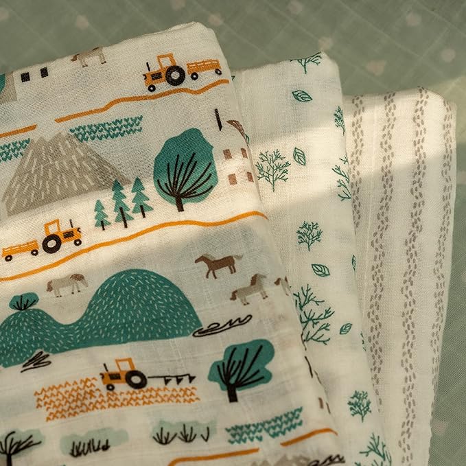 Muslin Swaddle Blankets for Newborn, 4 Pack Cotton Baby Blankets, Large 31.5 x 43.3 inch Breathable Soft Receiving Blanket, Essentials Swaddle Wrap Burping Clothes, Blue Farm Country