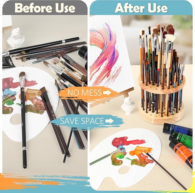 52 Holes Paint Brush Holder, 360° Rotating Paint Brush Organizer, Hardwood Storage Stand Rack for Artists Brushes, Crafts Tools, Makeup Brush, Calligraphy Pens