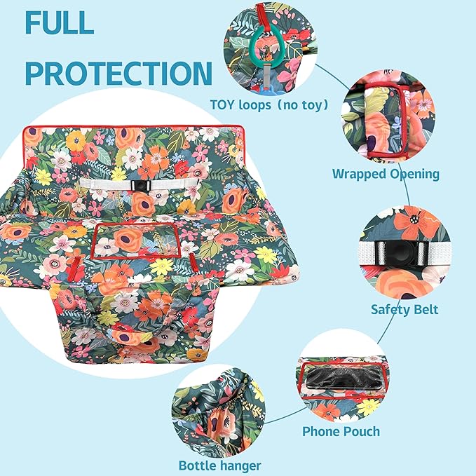 Shopping Cart Cover for Baby,2-in-1 High Chair Cover Soft,Portable, and Machine Washable,Comfortable Cotton Seat Pad with Safety Harness and Portable Cloth Bag,Fits All Supermarkets and Restaurants