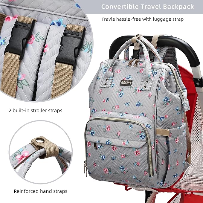 GAIVP Diaper Bag Backpack for Women, Baby Bags for Girls,Diaper Bag with Changing Pad, and Insulated Pockets-Grey Flowers