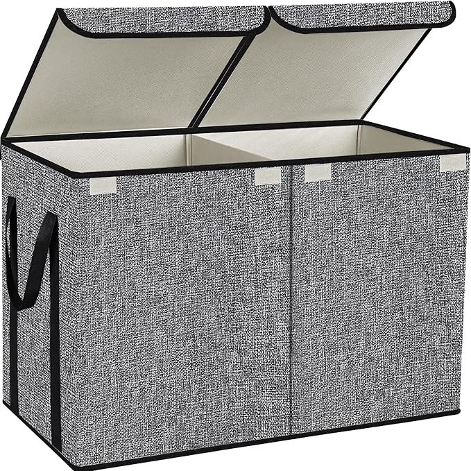 YOLOXO Large Kids Toy Box Chest Storage organizer with Double Flip-Top Lid - Collapsible Sturdy Toy Organizers And Storage Bins With Big Handles For Nursery, Playroom, 26.8"x13.8"x16"(Grey)