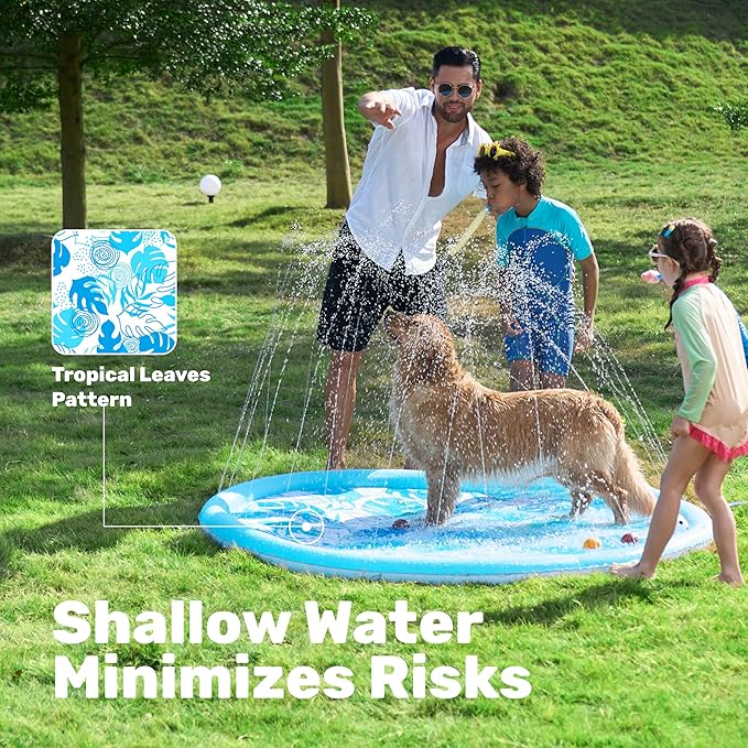 SLOOSH Splash Pad Sprinkler Mat - 6ft Tropical Leaves Outdoor Water Play Toys for Kids Dogs, Backyard Party in Summer Decor Outside Water Games Fountain Pool Children Boys Girls Toddlers Baby (Blue)