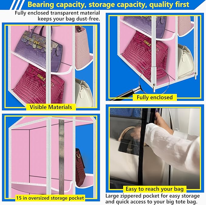 Purse Organizer for Closet, with Zippered-Dustproof, Purse Organizer, Designed for Oversized Wallets & Holds 8-16 Purses, Hanging Purse Organizer for Closet, Pink-Purse Storage