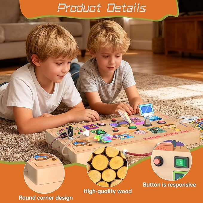 flycoost My Busy Home Montessori Busy Board for Toddlers 1-3, Wooden Sensory Activity Board with Switches, Lights, Clock, Kitchen Appliances Toys, Educational Busy Board for 1+ Year Old Boys Girls